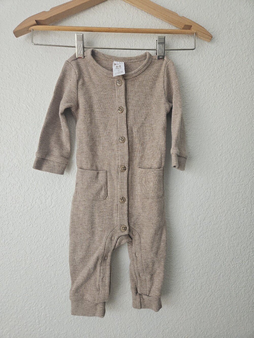 waffle knit romper jumpsuit brown gender neutral baby organic 6 - 9 mo cotton